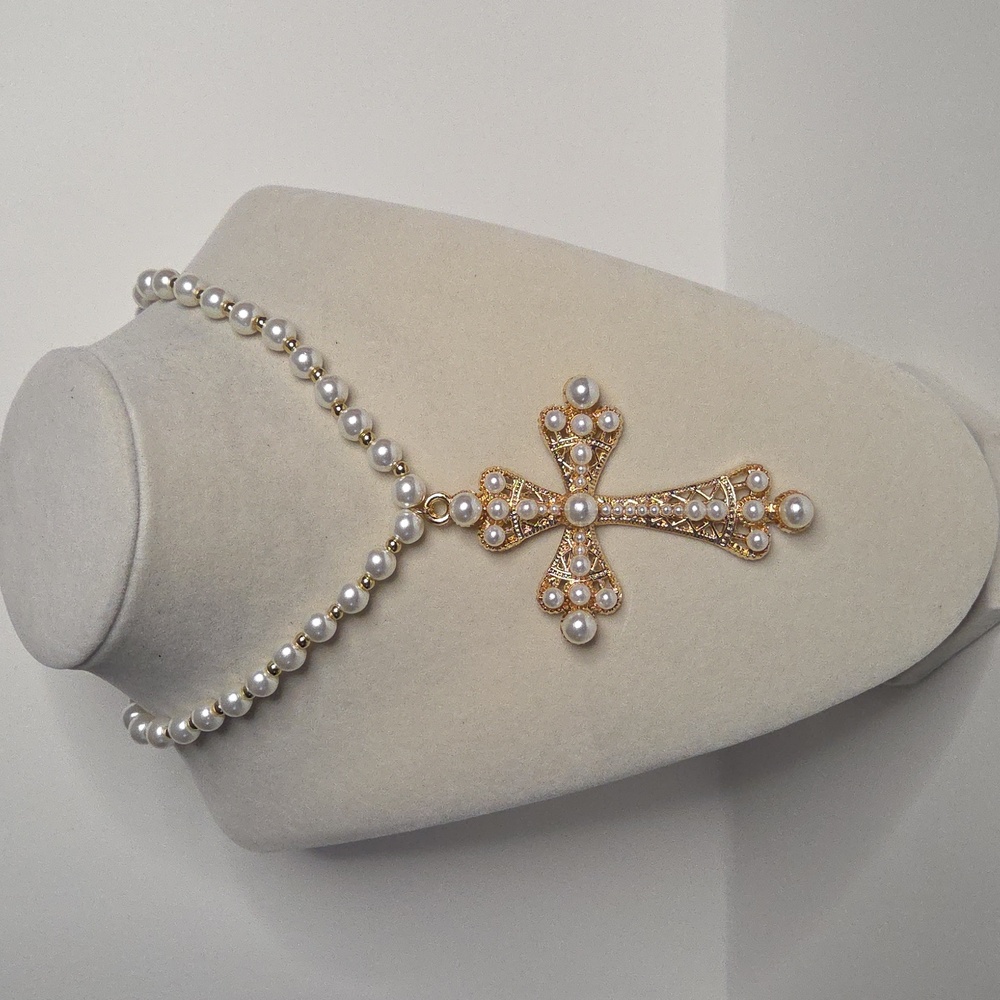 Pearl Beaded Gold Cross Pendant Necklace - Women